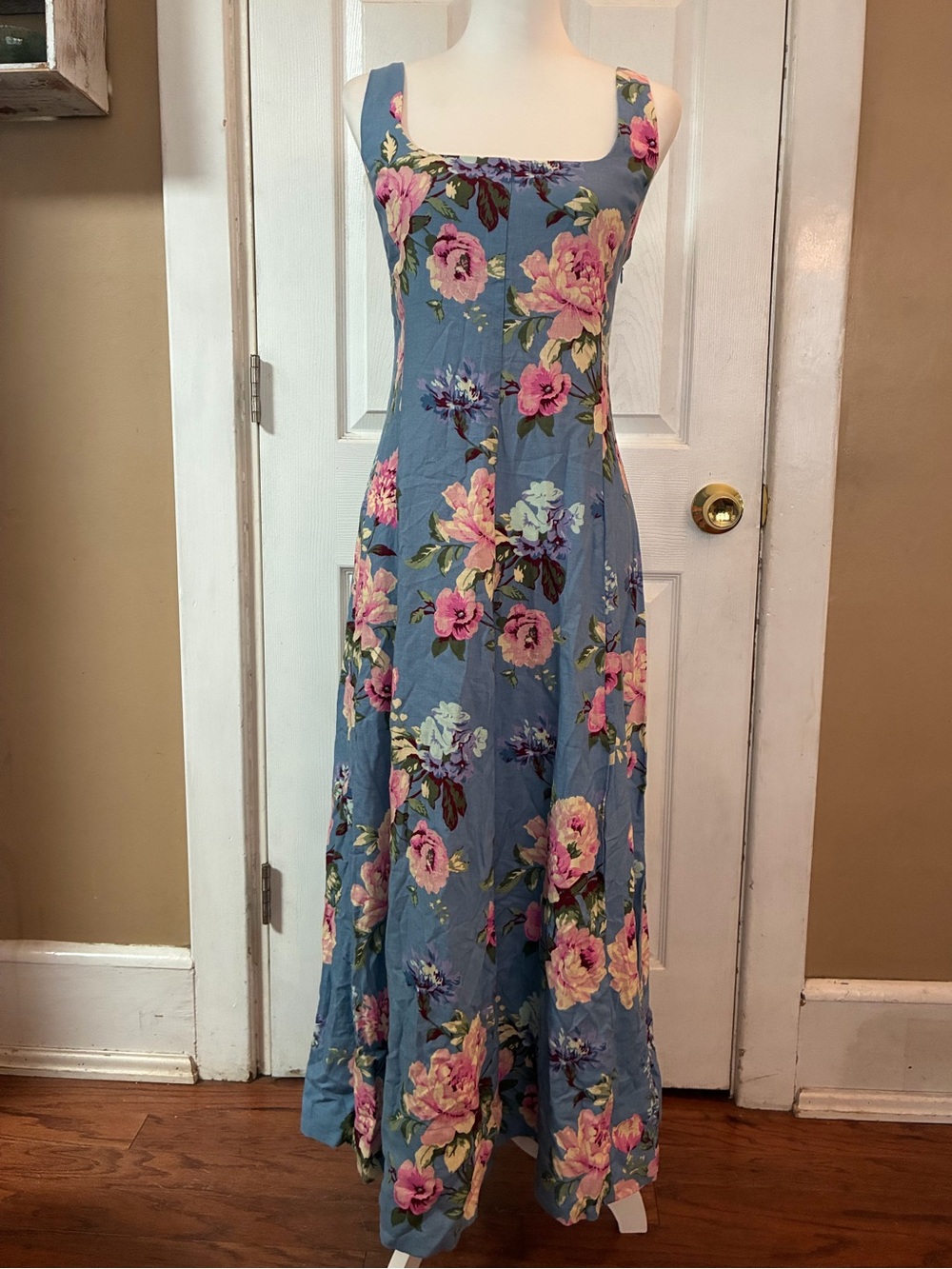 NWT Gap Linen-Blend Square-Neck Maxi Dress Blue Multi Floral L Boho Romantic